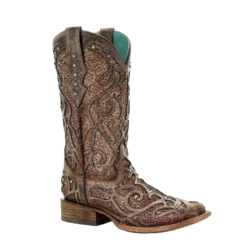 Corral Boots Corral Ladies Taupe & Gold Glitter Inlay & Stud Square Toe Boots C3483