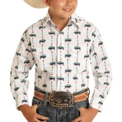 Panhandle Snap Button Buffalo Print White Shirt R2S8455