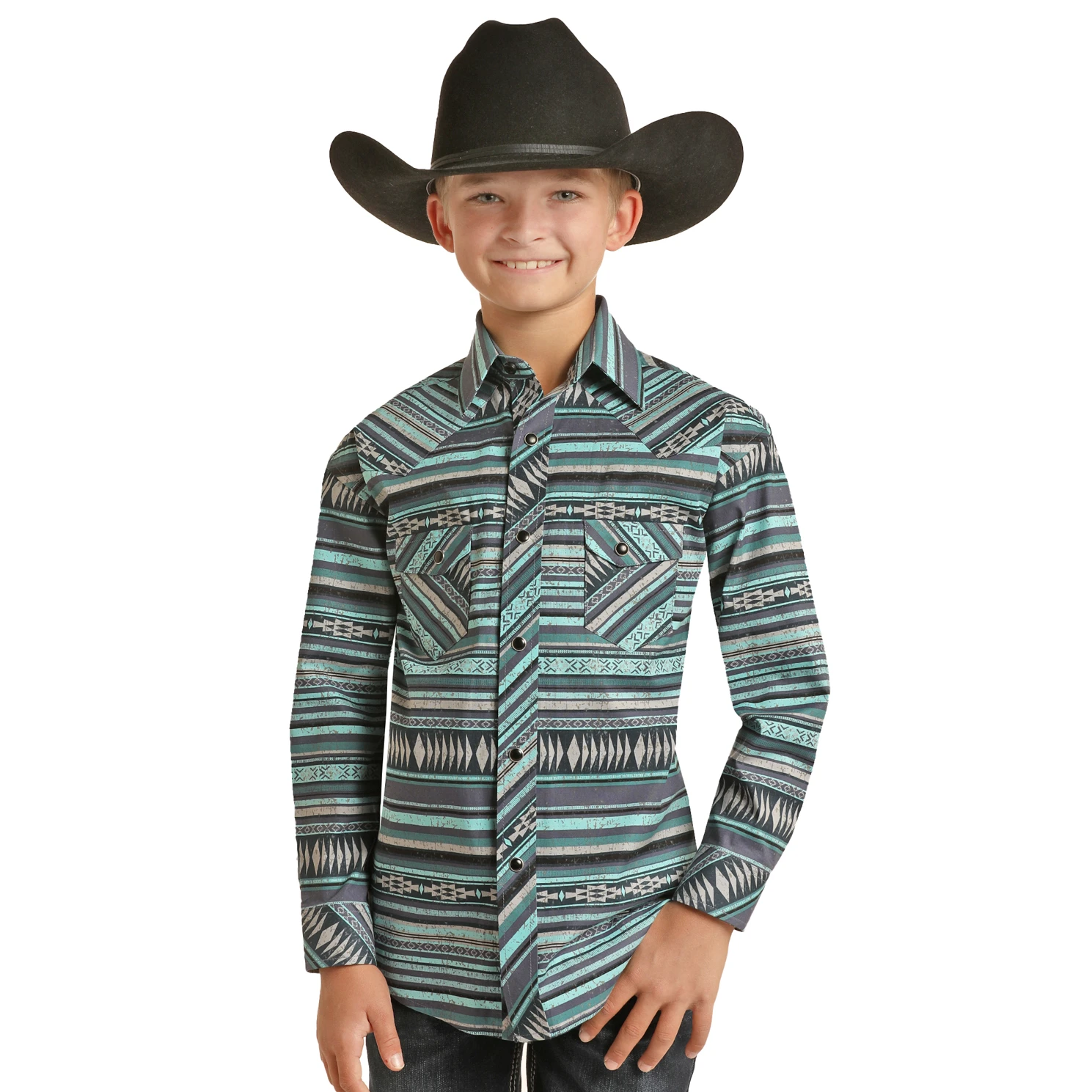 Rock & Roll® Youth Boy's Blue Aztec Striped Snap Up Shirt RRBSOSRZ1G-45 1 Rock & Roll® Youth Boy's Blue Aztec Striped Snap Up Shirt RRBSOSRZ1G-45